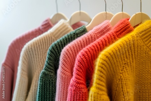 A row of sweaters hanging on a rack, with one being yellow and the others being pink, green, and white