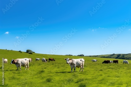 Cows grazing on a lush green hill under blue sky