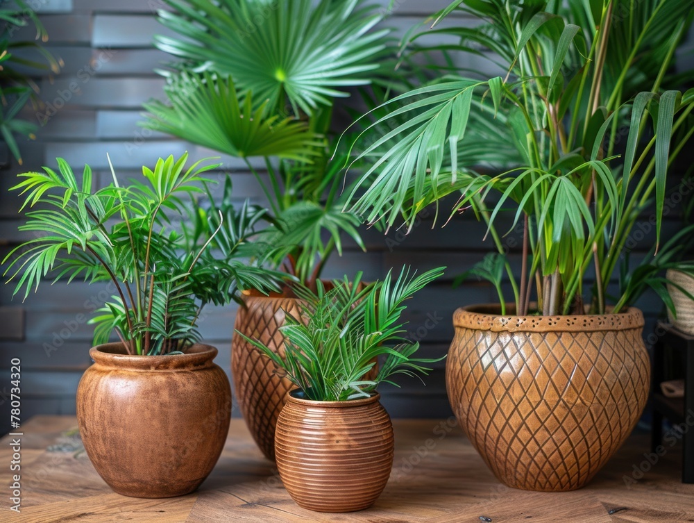 Several plants in pots are neatly arranged on a wooden table
