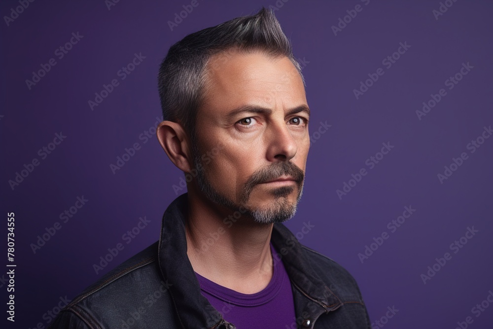 Obraz premium A man with a beard and gray hair is wearing a black jacket and a purple shirt