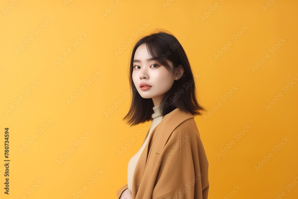 A woman in a tan coat stands in front of a yellow background A woman in a tan coat stands in front of a yellow background