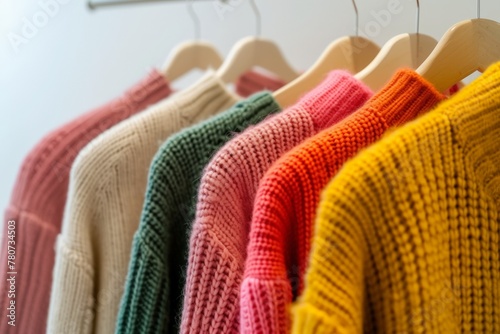 A row of brightly colored sweaters hanging on a rack. The colors include pink, green, yellow, and orange. Concept of warmth and comfort, as the sweaters are likely to be worn during colder months photo