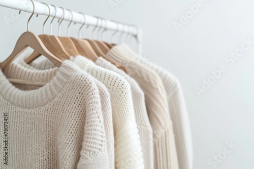 A rack of white clothing hangs on a white wall. The clothes are all white and are neatly hung on the rack. Scene is calm and organized