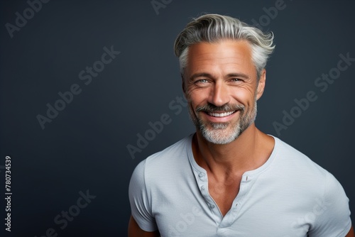 A man with a white shirt and gray hair is smiling photo