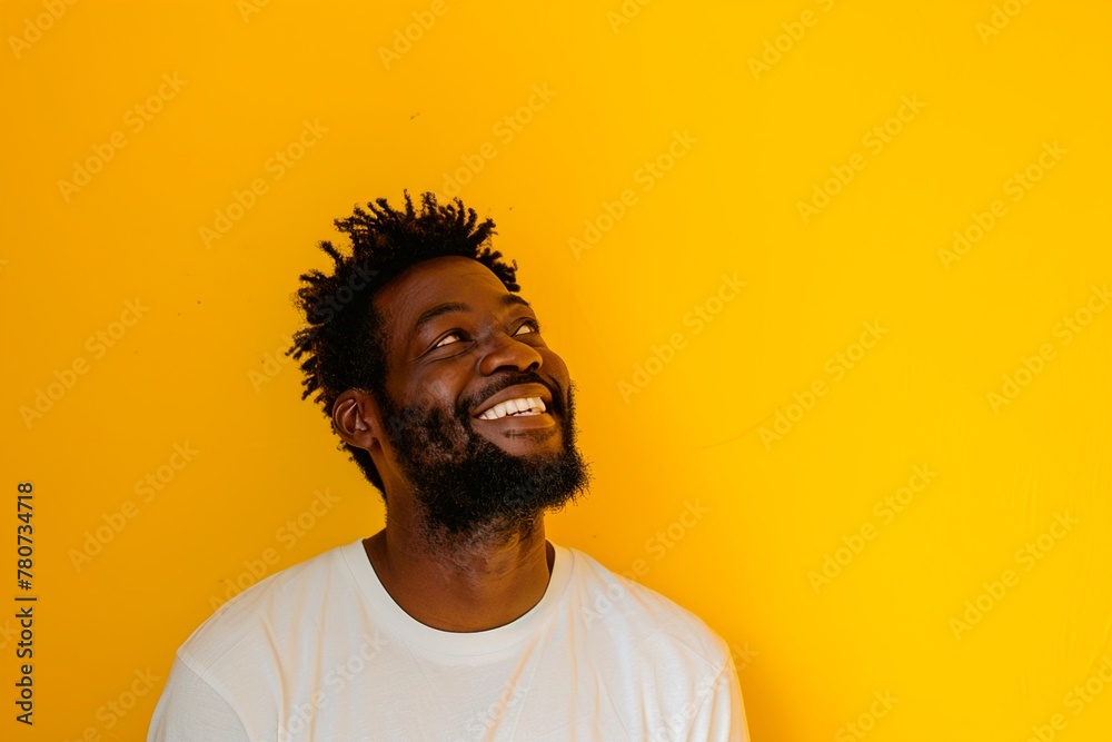 A man with a beard and a white shirt is smiling and looking up at the camera A man with a beard and a white shirt is smiling and looking up at the camera