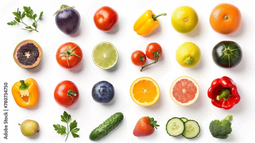 Set of fresh vegetables and fruits isolated on white background for clipping path Set of fresh vegetables and fruits isolated on white background for clipping path
