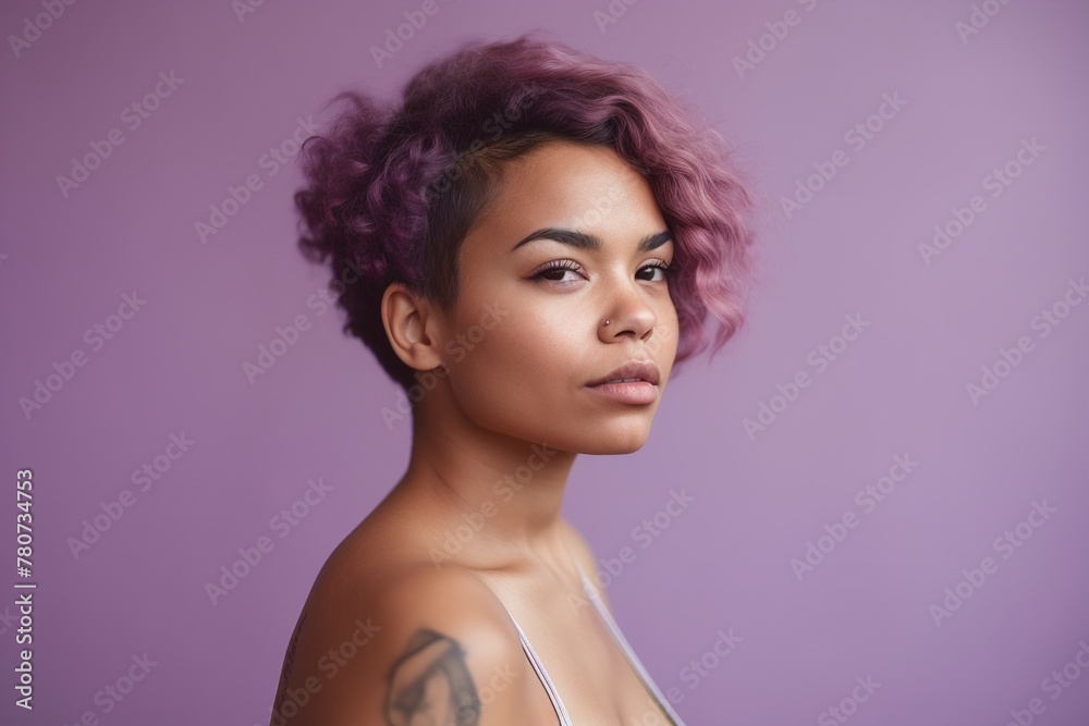 A woman with purple hair