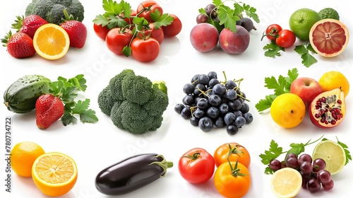 Set of fresh vegetables and fruits isolated on white background for clipping path