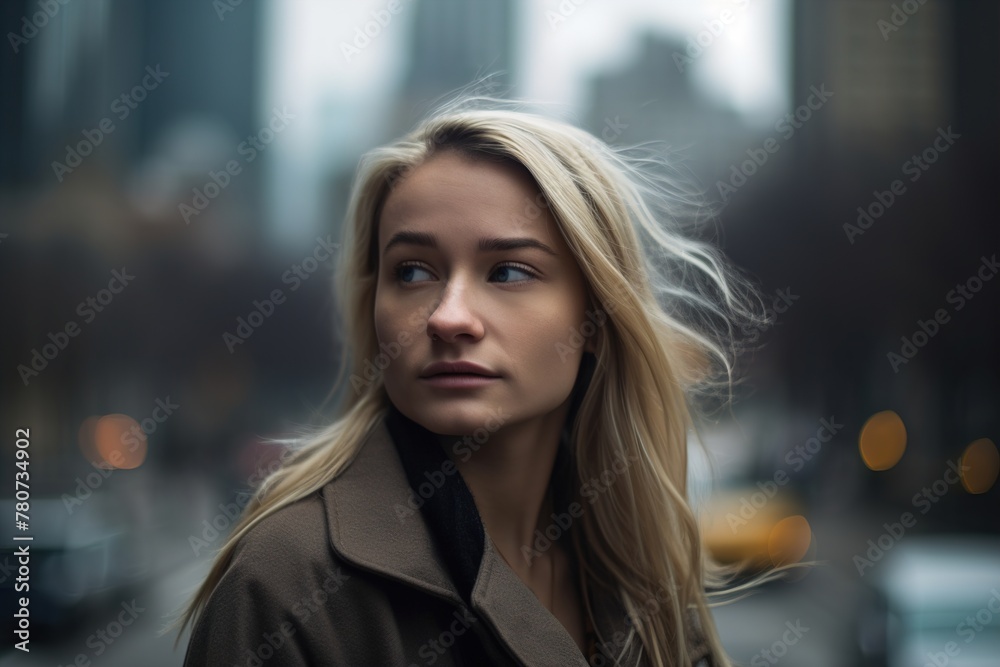 A blonde woman is standing on a city street, looking off into the distance A blonde woman is standing on a city street, looking off into the distance