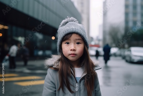A young girl wearing a grey hat and a grey coat stands on a wet street © MediaRaw
