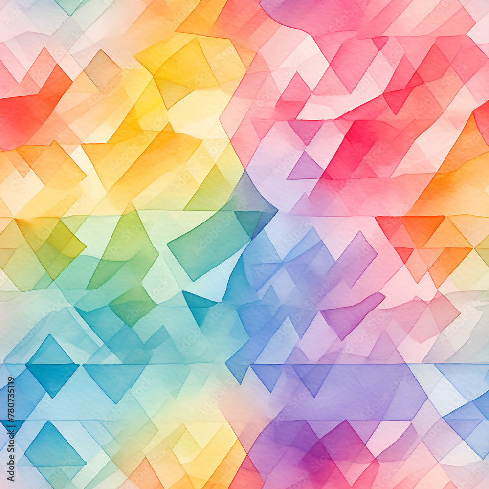 Geometric Watercolor Pattern with Transparent Triangles in Rainbow Colors