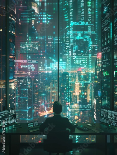 Businessman analyzing floating holographic stock tickers  in a 60s office with a futuristic skyline view
