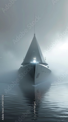 Futuristic naval destroyer employing cloaking technology, emerging from a mist on the high seas