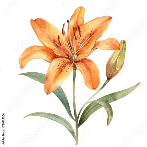Stargazer lily painting of orange flower and green leaves on transparent background