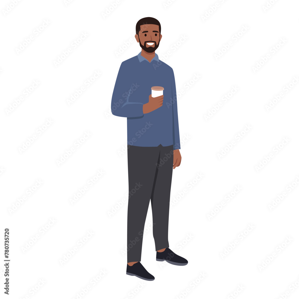 Young man in Business casual character holding coffee cup. Flat vector illustration isolated on white background