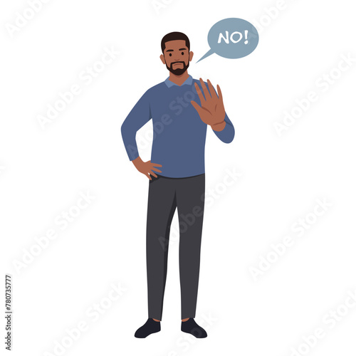 Young man character wave hand making no sign or stop sign. Flat vector illustration isolated on white background