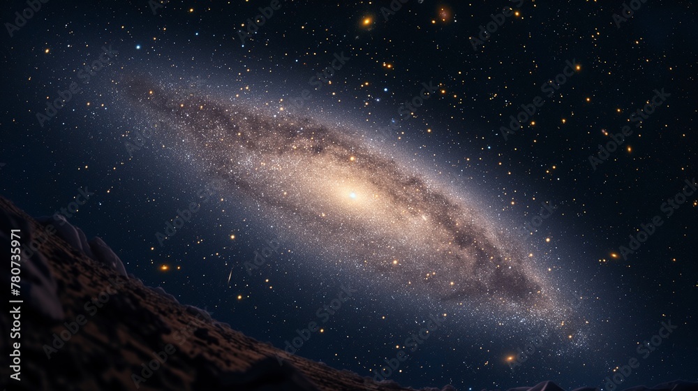 Fototapeta premium Majestic Spiral Galaxy Ascending over Rocky Horizon