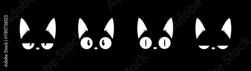 Black cat head face silhouette icon set. Vector logo cat for tattoo or T-shirt design or outwear. Cute print style cat background. Cat in shadow white line art. Pet collection cute cartoon character