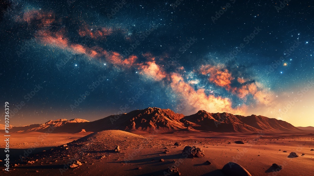 Starry Night Sky and Milky Way over Mountainous Desert