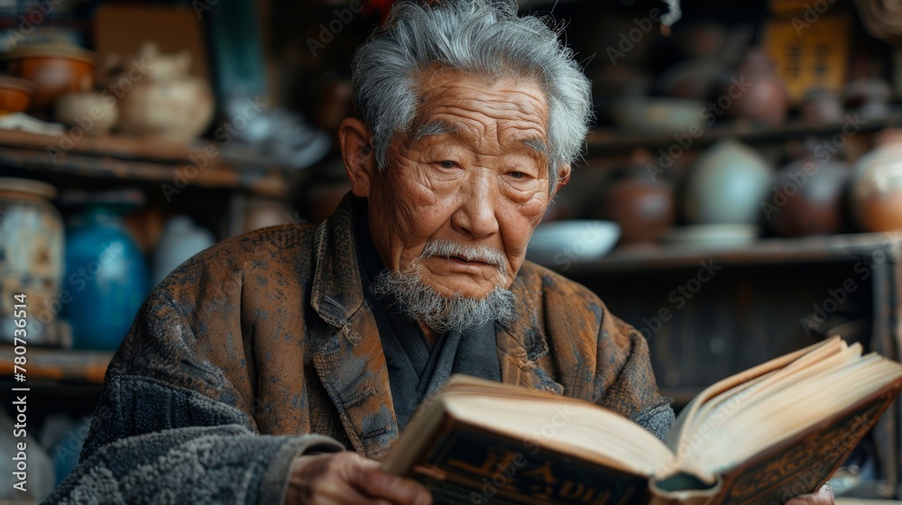 Elderly man reading a large book in an antique shop surrounded by pottery during autumn in a rustic location Elderly man reading a large book in an antique shop surrounded by pottery during autumn in a rustic location