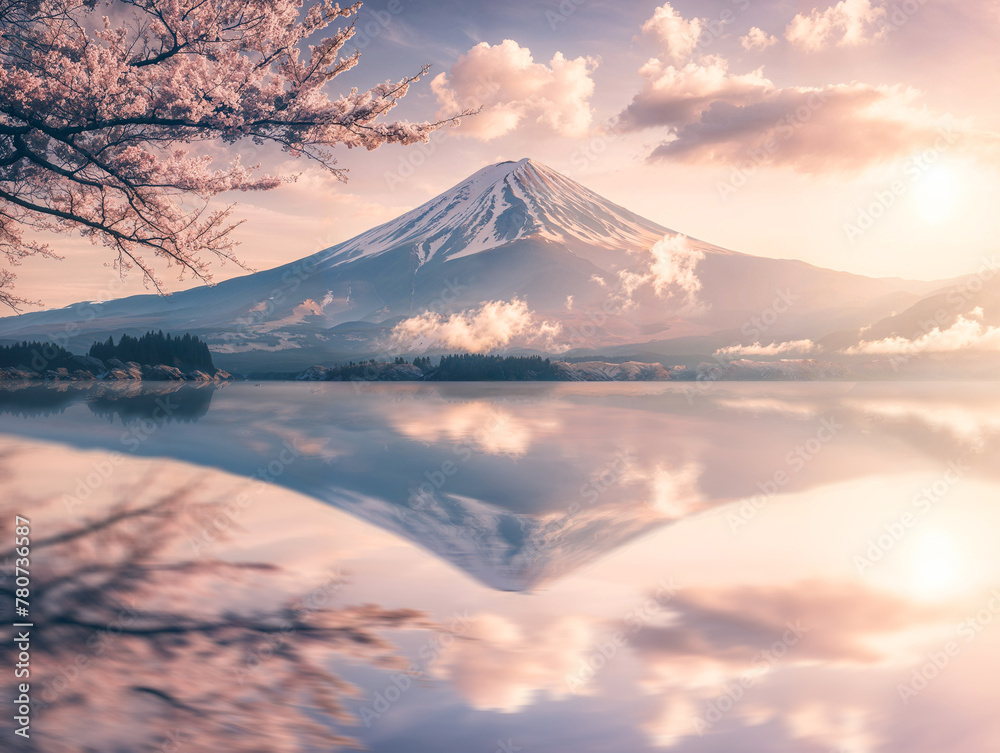 Fuji Mountain and Pink Sakura Branches