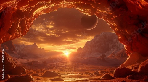 Sunrise in Alien Desert from Rocky Cave