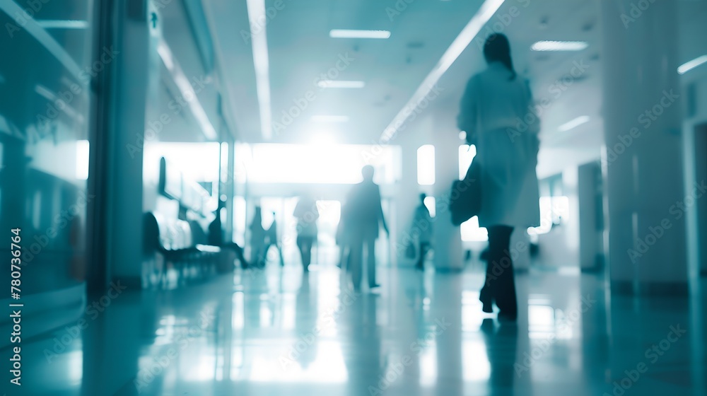 Abstract Blur of People in a Modern Office Building, Unrecognizable Workers Walking in a Hallway, Conceptual Representation of a Busy Corporate Environment. AI