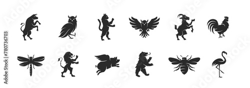 Heraldic animals set. Animals elements for Coat of Arms design.  Bull, Owl, Goat, Lion, Bear, Piggy, Cat, Bee silhouettes. Vector illustration.  © Denys Holovatiuk