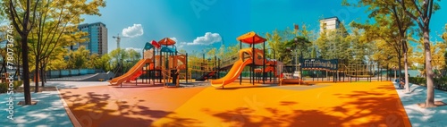 A bright and colorful playground situated amidst trees in a park, bathed in sunlight, invoking a sense of joy and nostalgia