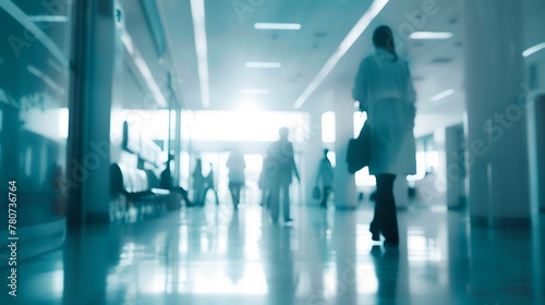 Abstract Blur of People in a Modern Office Building, Unrecognizable Workers Walking in a Hallway, Conceptual Representation of a Busy Corporate Environment. AI