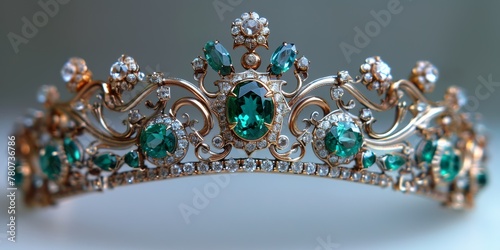 Tiara, white gold crown with green emeralds on a white background