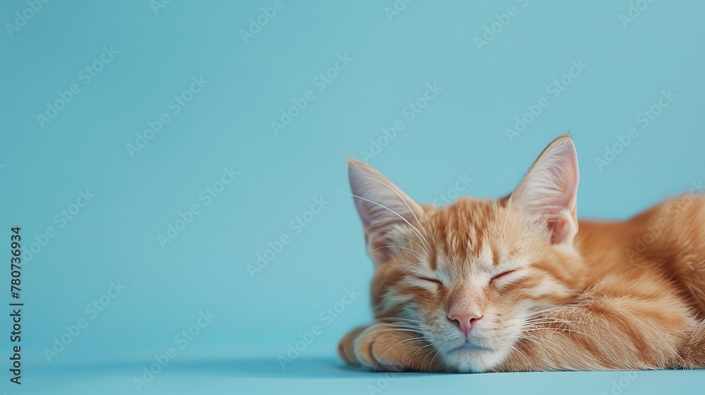 Sleeping Ginger Cat on Blue Background with copy space.