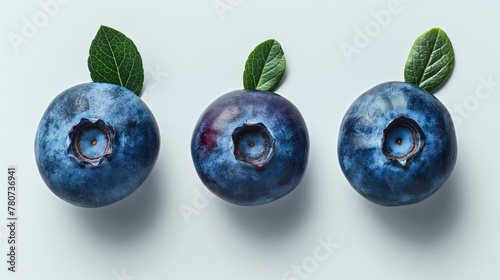 Closeup Blueberries, a type of fruit, with green leaves on a white background