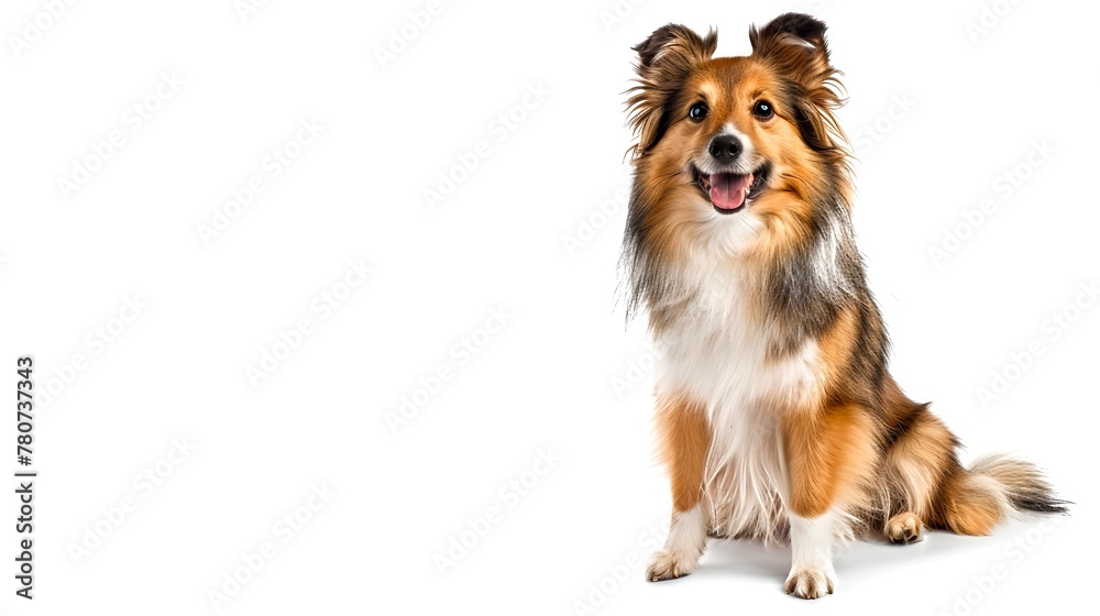 Happy Shetland Sheepdog Sitting Against a White Background, Perfect for Pet Lovers. Capture the Joy of Canine Companionship. Ideal for Advertising, Vivid and High-Quality Image. AI Happy Shetland Sheepdog Sitting Against a White Background, Perfect for Pet Lovers. Capture the Joy of Canine Companionship. Ideal for Advertising, Vivid and High-Quality Image. AI