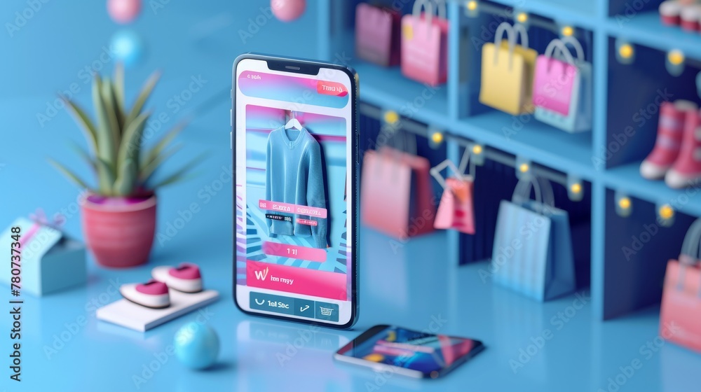 Smartphone displaying online shopping app with a vibrant retail backdrop Smartphone displaying online shopping app with a vibrant retail backdrop