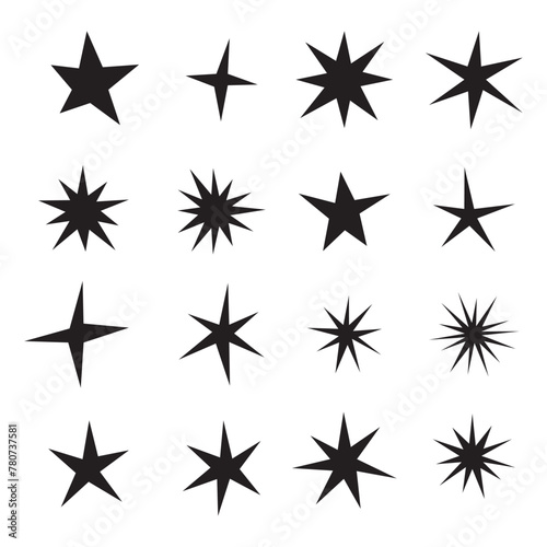 Set of hand drawn star icons. Stars of different shapes, a set of templates for greeting card, poster. Vector illustration.