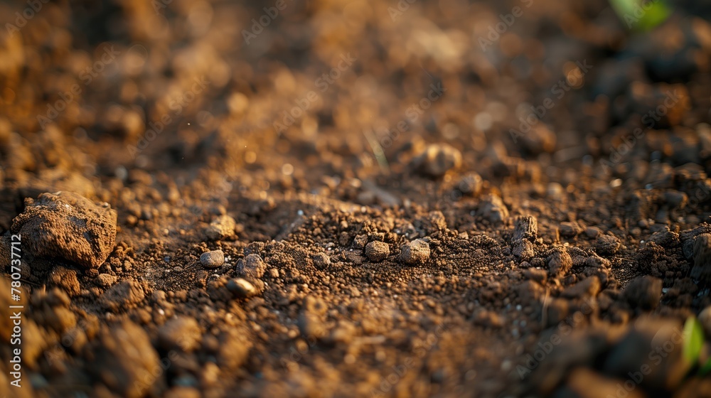 Close up of brown soil with grass, wildlife, and wood debris in a field Close up of brown soil with grass, wildlife, and wood debris in a field