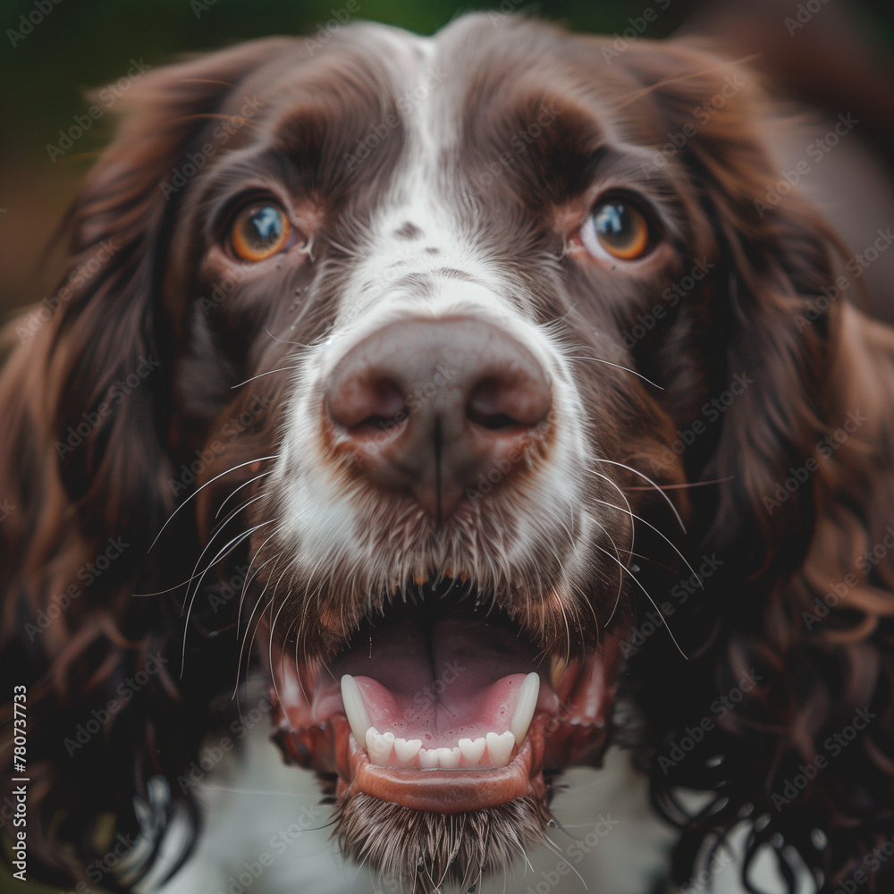 Close-up of a Springer Spaniel's Face with Bright, Expressive Eyes and Joyful Smile - Pet Photography and Canine Enthusiasm Theme