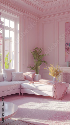 Modern living room in pastel tones. Pink interior with soft lighting. Clean  luxurious design  3D rendering.