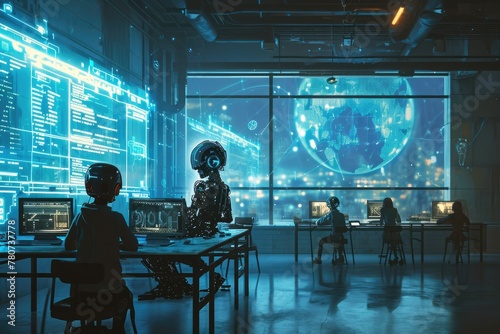 A futuristic depiction of AI-assisted teaching,robot teaching, AI generated