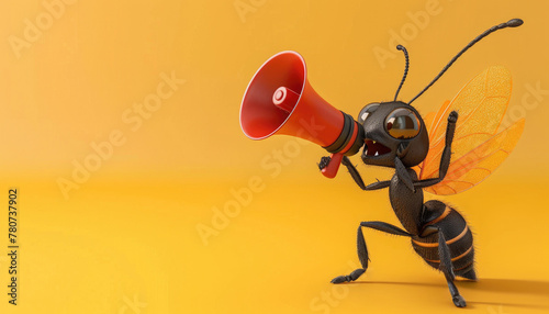 A cartoonish insect with a megaphone is standing on a yellow background by AI generated image © chartchai