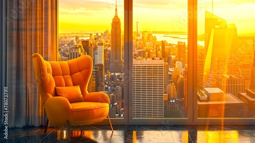 Elegant armchair in a high-rise apartment with panoramic cityscape view during sunrise. Cozy modern interior style. Perfect for urban lifestyle advertising. AI