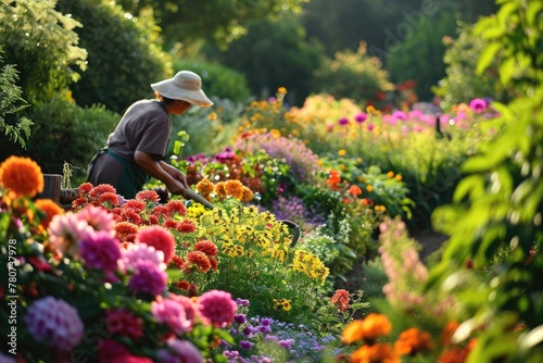 Flower garden, A gardener tending to a lush, colorful flower garden, AI generated © Tanu