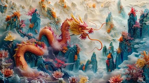 A dragon made of dragon fruit and lychee, soaring above a kingdom of fortune cookie mountains © Parinwat Studio