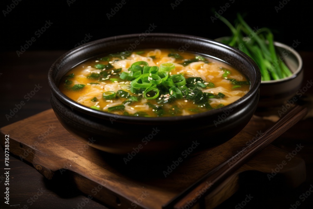 Hearty miso soup on a rustic plate against a dark background