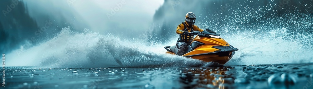 High-speed jet ski racing on a lake, thrilling, water sports, adventure, sci-fi tone