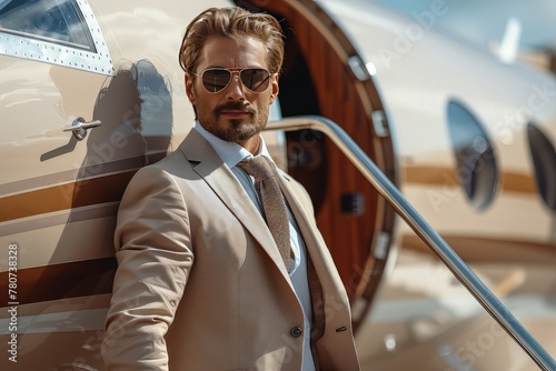 Stylish businessman exiting a private jet. The wind calls his hair and clothes. The wind's touch becomes a signature element of his style, infusing his look with an irresistible sense of movement.