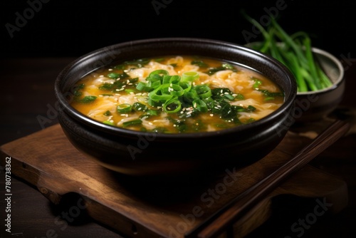 Hearty miso soup on a rustic plate against a dark background