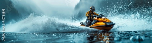 High-speed jet ski racing on a lake, thrilling, water sports, adventure, sci-fi tone © Phawika