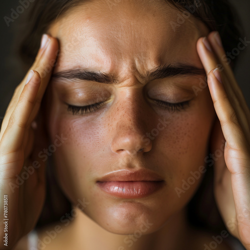 Woman with Eyes Closed in Pain, Suffering from Headache or Stress - Health and Wellness Focus